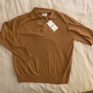 Pact classic fine knit polo sweater camel brown 100% organic cotton size small